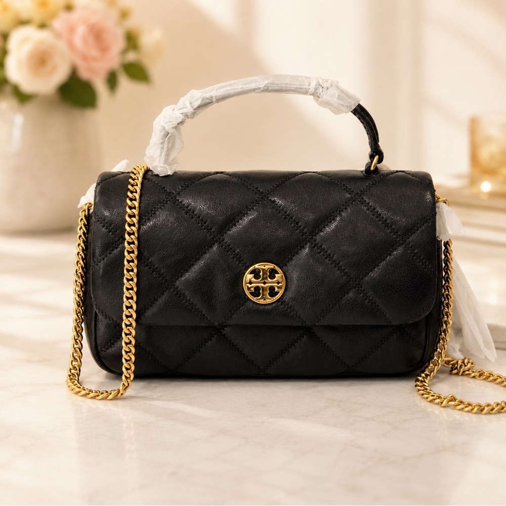 Tory Burch Black Gold Hardware Quilted Willa Mini Top Handle Crossbody Bag NWT